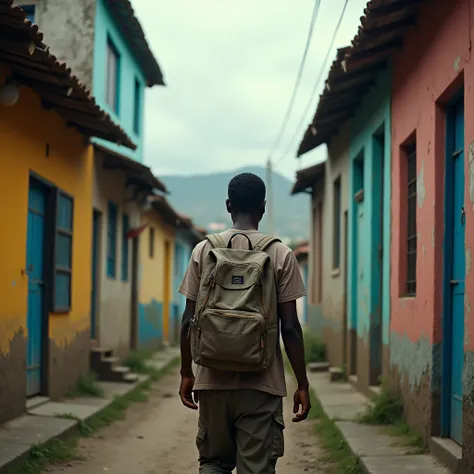 man with his back in a favela leaving with a backpack on his back