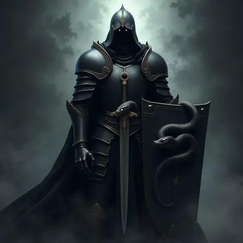  A symbol a black snake wrapping around a dagger on a shield,  an armor or weapon , plus a shadow knight . With a dangerous snake head. glowing eyes.  dark aura. 