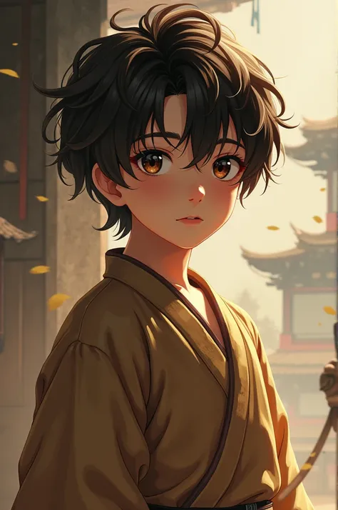 A Japanese boy with a rough and tender appearance at the same time. Her brown hair, wavy and short. Wear clothes from the ancient era ,  maybe a camel shirt and brown dress pants or a suit that makes him look like a hero or a warrior.