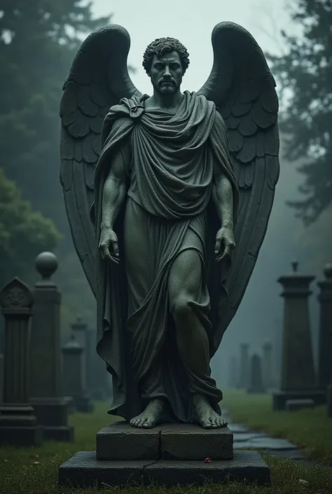 Roman male stone angel in the dark with headstones nearby