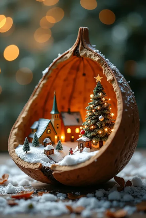 Une scène magique sur le thème de Noël à lintérieur dune coquille de noyer ouverte. La moitié de la coquille contient un petit village avec des toits enneigés, une église avec un clocher et un sapin de Noël central décoré de lumières et dornements. La scèn...