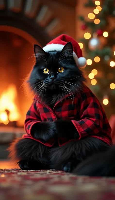    ultra realistic fluffy beautiful black Siberian cat ,    detailed wool   , Mustachioed and fluffy     (   On my feet,  like a real cat    ),    fluffy gorgeous tail   ,   bright detailed live yellow glowing eyes   ,sits in a Buddhist lotus position half...