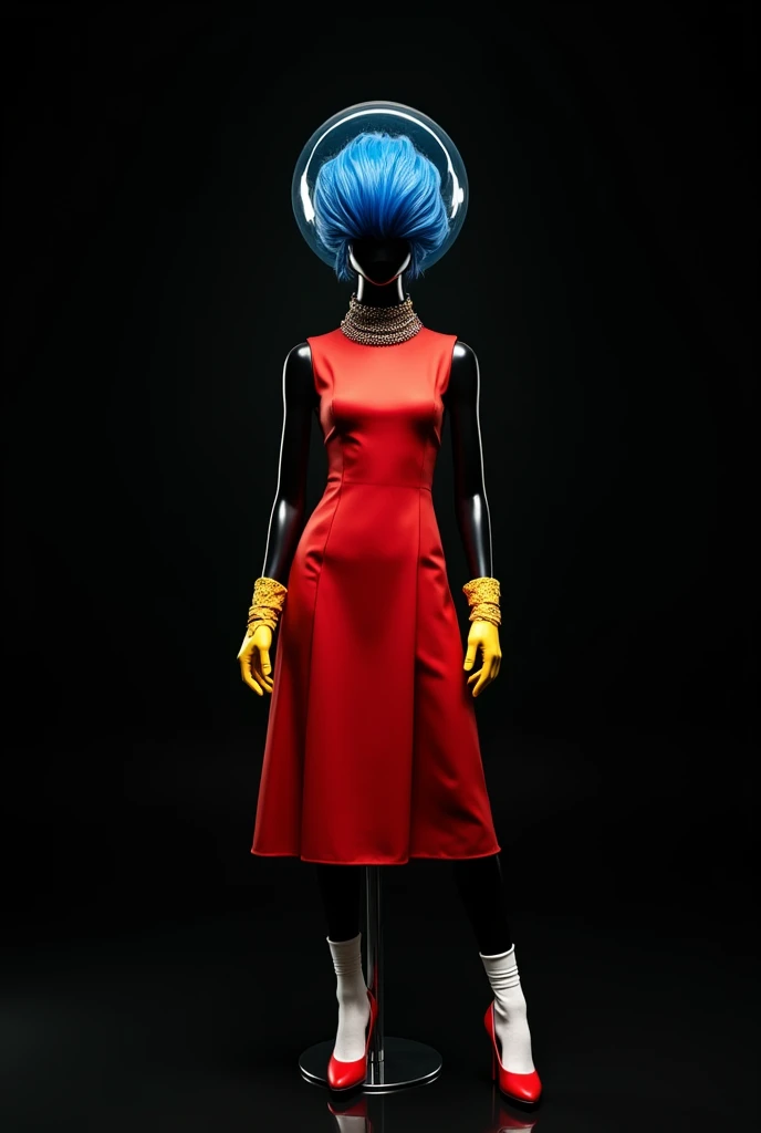  On the black glass floor and black background .  black mannequin .  Make a sturdy blue plastic helmet shaped like a hair .  A tomato sauce dress with thin white socks and red sandal.  Yellow French lace gloves and max necklace with beautiful jewelry . Bea...