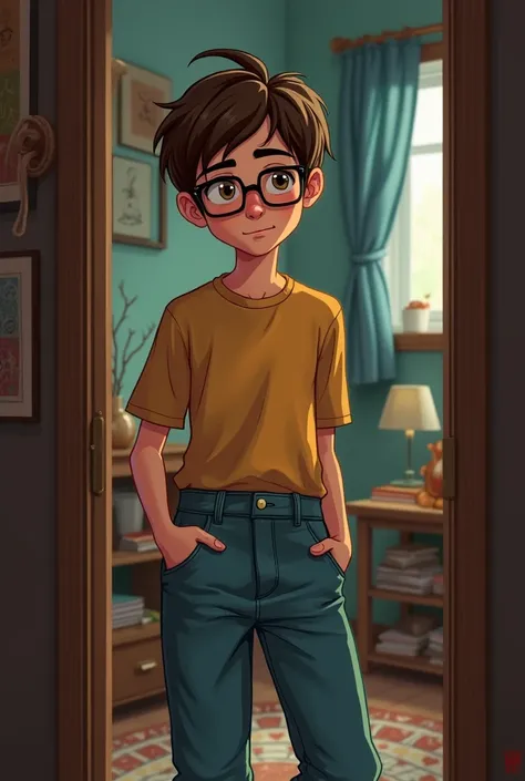 @Meta AI has created an image of a teenage boy with glasses and brown hair who looks shy and insecure high-waisted mom jeans secret clubhouse