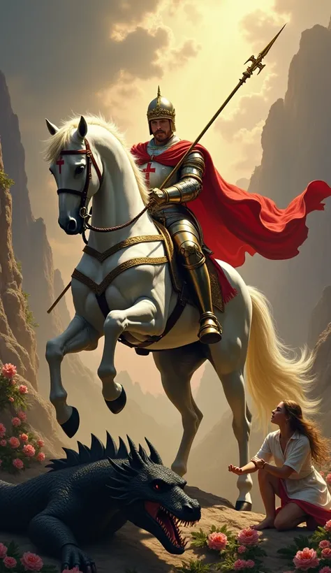 "Saint George, the warrior saint ,  is represented in a heroic pose ,  riding a majestic white horse in the middle of battle .  He wears a detailed shining steel armor ,  with a flowing red cape that symbolizes his courage and strength .  on her right hand...