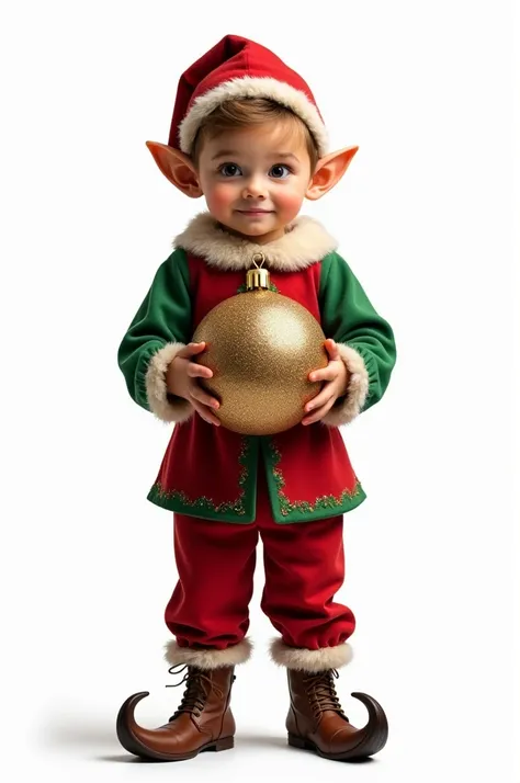  , an elf boy in a Christmas costume is sitting ,  holding a large Christmas ball in his hands,  In his arms  ,  on white background,  front view, In boots 