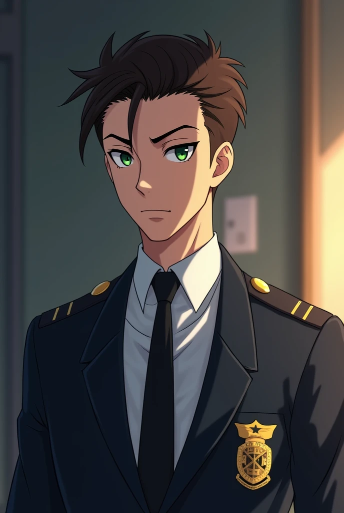 The image depicts a 35-year-old anime-style police officer, whose appearance reveals a mix of charm and deceit. He has a lean, angular face, with sharp features that give him an air of cold calculation. His dark brown hair is short and well-groomed, while ...