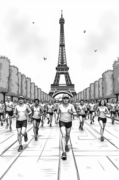 Un marathon de Paris avec beaucoup de coureur et de coureuse, en noir et blanc effet coloriage 