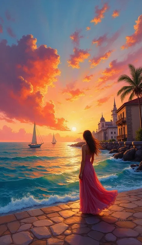 An oil painting of a Havana sunset over the seafront. The sky is ablaze with vibrant oranges, deep reds, and soft pinks. A woman with her back to the viewer stands on the seafront, her long dress flowing in the ocean breeze. Her hair mixes with the colors ...