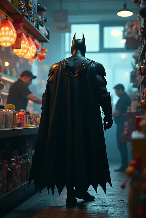 Batman at the toy store with a gun and he shoots the girl and takes the money from the cashier