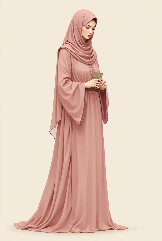 Illustration veiled muslim woman wearing a pink apron with no facial features and long sleeve dress smiling and wise 
