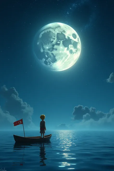  The little prince looks at the moon, standing in front of him . The sky is full of stars ,  and the view is incredibly beautiful . The moon is also big but natural .  Little Prince on a small boat.  He raised the flag of Turan ( Turkestan )