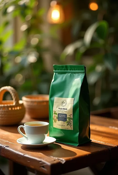 "On the rustic wooden table ,  a bag of bright green tea branded Minh Thanh stands out,  around are pretty rattan baskets ,  warm yellow lights shine down ,  creates a relaxing and intimate space ,  inviting you to enjoy the taste of nature ."