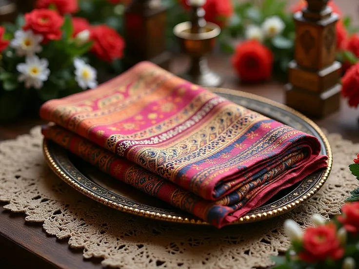 A vibrant traditional Indonesian batik cloth folded elegantly on a tray, surrounded by intricate decorations, highlighting its cultural significance in wedding traditions.