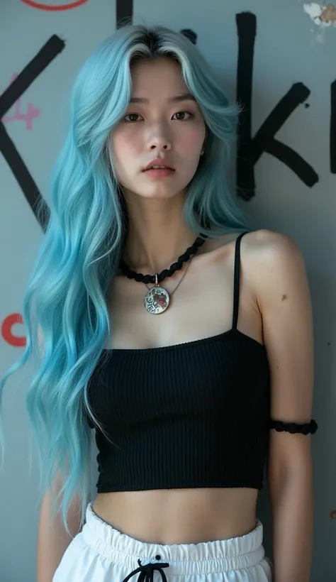 A cinematic medium shot of a young Korean woman with blue white hair that extends down her back. She is wearing an black, ribbed, spaghetti-strap top, (big breast) Black necklace, black rope bracelet and blue white drawstring pants. The background is a gra...