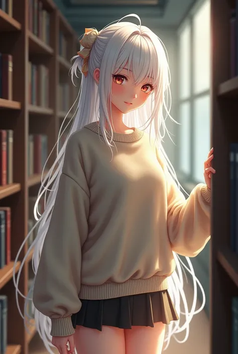 Beauty asia girl with sweater white hair, mini skirt in the library
