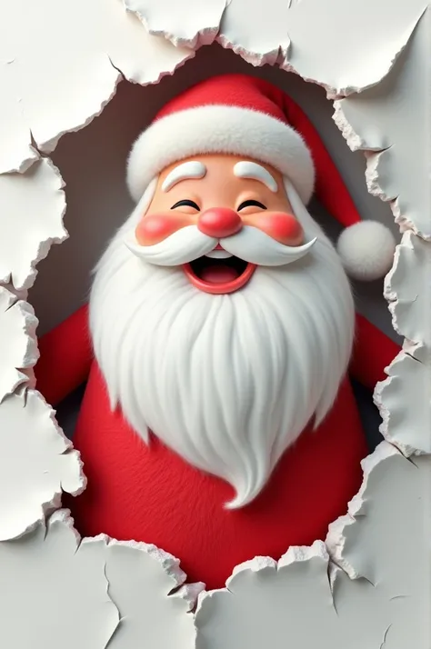 Cuddly 3d Santa Claus laughing out of a torn paper png