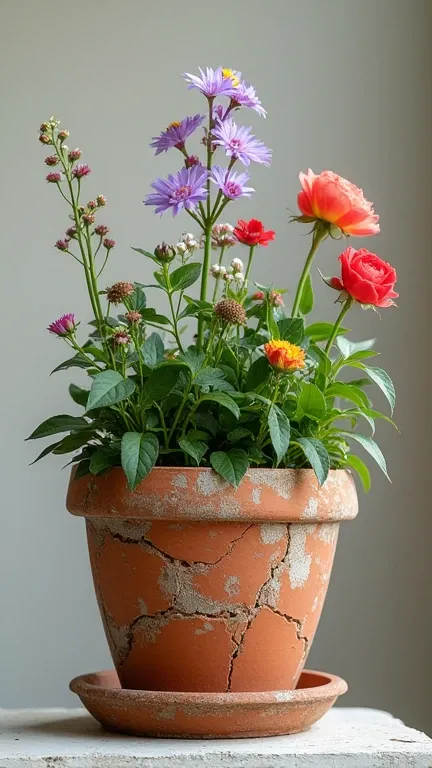 Real photo. Flowers straight up the cracks of the pot