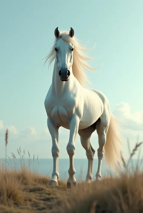 Surreal high definition 4k image of a thin-haired wild white horse on a hilltop and he alone falls on its shiny back