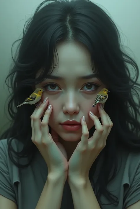 Sad beautiful woman stroking 2 little birds on her cheeks 