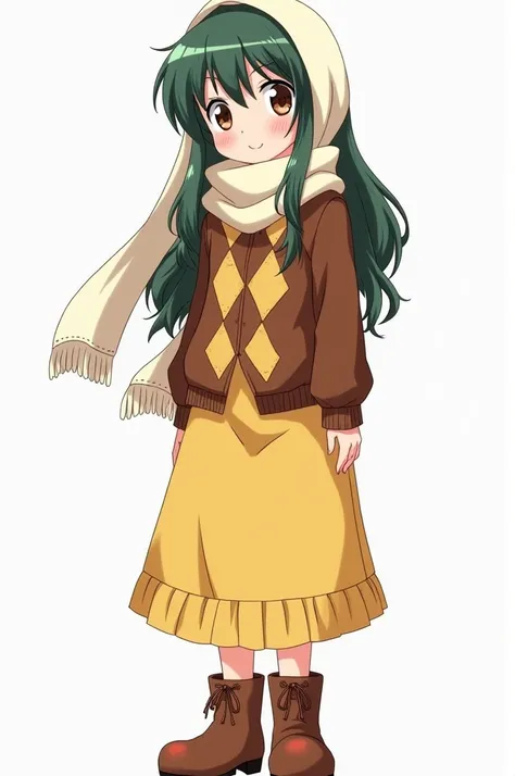 Peli dark green long hair ,  brown shirt with light brown diamonds ,  yellow skirt with stitching on the sides, brown leather boots, light brown eyes, white scarf on the head,  full body style one piece anime . 