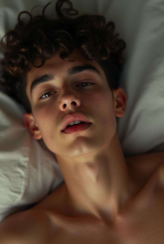 Angel Dario Garcia, Curly fade haircut, eighteen guy, soft skin, shave face, Twink skinny, blur background, moaning, above view, laying down