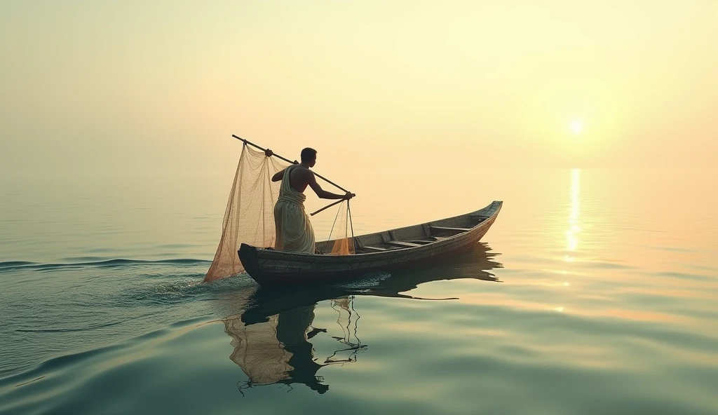 indian ancient time The fisherman rowing his small, old wooden boat in the early morning light, carrying a fishing net, with the calm ocean stretching to the horizon.