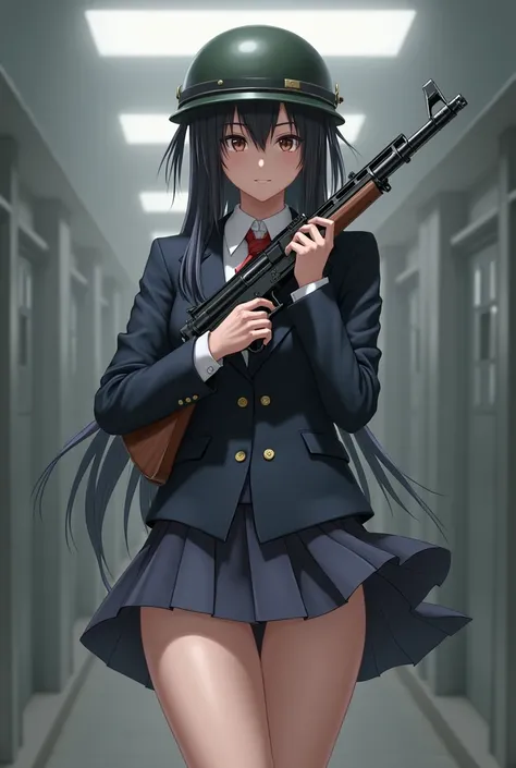 Female student wearing a skirt, holding a gun, and wearing a bulletproof helmet
The skirt is short, so the white underwear is exposed