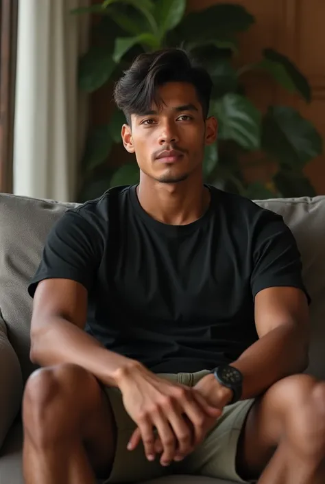 ( high quality , 4k, hdr)  A handsome young Indonesian man , 20 years old, manly and slightly muscular ,  in the color of mature sawo skin typical of Indonesians,  wearing a black t-shirt and khaki shorts ,  sprawled on the living room sofa . (realistic,  ...