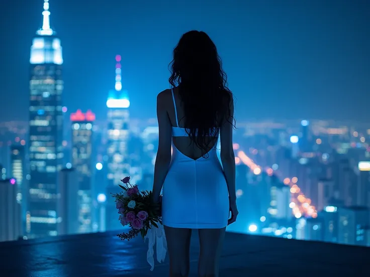 The whole place is filled with blue light, night、Skyscraper rooftop, Illuminated by the spotlight, Towards where the young brunette is standing, 2, Slender body, Long legs, Narrow waist, Beautiful and kind, Chic dressed girl, Pure white bodycon dress, Long...