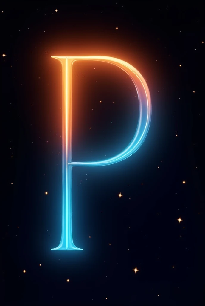 letter P gradient top orange bottom blue on black background with stars