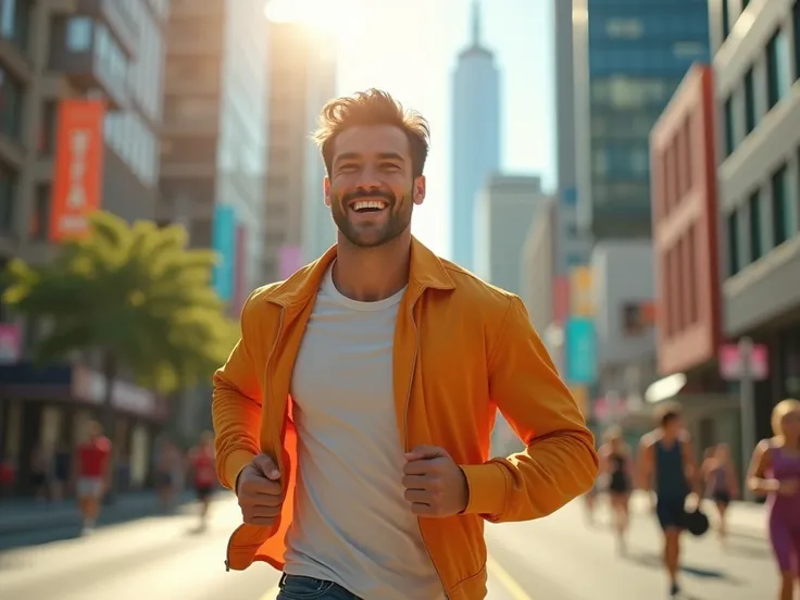 (photorealism:1.2), a nice looking guy running in the sunlight of the city, happy