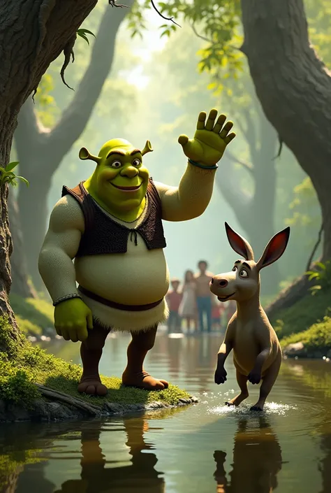 Shrek and Donkey wave to a large family in the swamp