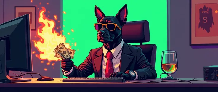 pixel art black dog sit on chair behind PC SYSTEM SET UP, sun glasses , gang style , old money outfit, hold paper of money in hand , burning money,  look at camera , complementary color, chromatic aberration , bright green ,  violet + black and white back ...