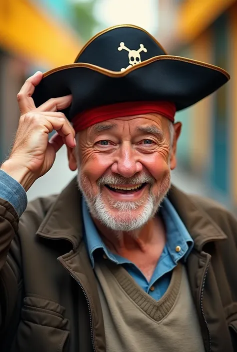 Smiling elderly man with a playful object like a pirate hat, bright and cheerful, 50mm lens, playful and humorous.