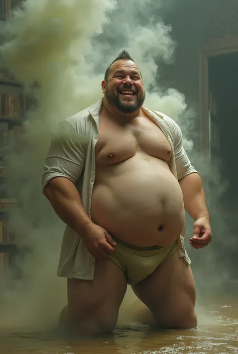  muscular man,  looking at the viewer, white shirt, wet underwear, farting and releasing stinky olive-green smoke from its back, smiling, Big butt on all fours ,  on his back and he has a huge butt 