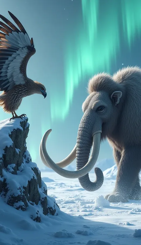 An awe-inspiring scene showing two legendary animals in an epic frozen landscape. On one side, a majestic harpy eagle with enormous gray and white wings, sharp talons, and a fierce, piercing gaze, perched on an icy crag with snow swirling in the wind. On t...