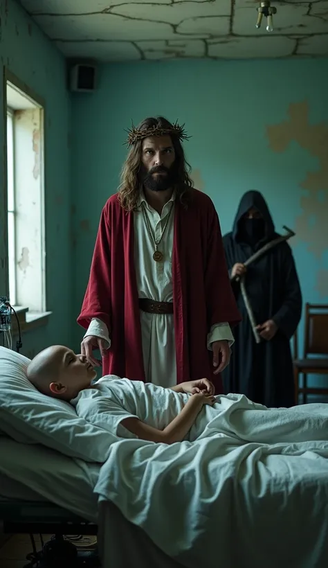 A dramatic and emotional scene set in an old abandoned hospital with cracked walls, broken windows and dim, flickering lights. In the center, a man resembling Jesus Christ stands, depicted with long hair, a beard, a red robe and a crown of thorns. Beside h...