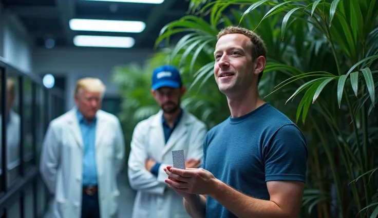  Mark Zuckerberg ,  in a large modern room full of servers and futuristic screens ,  he holds a small sparkling chip .  He is surrounded by scientists in white coats , with attentive faces .  In the background , Donald Trump,  disguised as an IT technician...