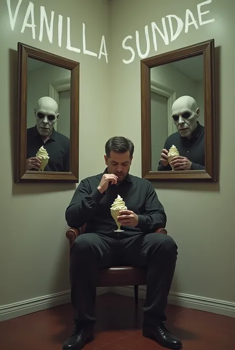 A guy eating vanilla sundae sitting in a chair. Behind him is two mirrors. One mirror is a monster ghost that looks like him with black eyes staring at him. Another mirror is an angel that looks like him giving him more ice cream. The wall is written in wh...