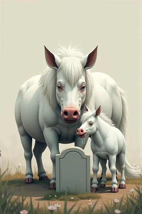 A white boar and a white pony crying in front of a headstone 
