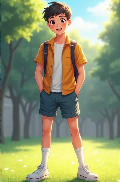 Picture a male high school student wearing white long socks and white shorts