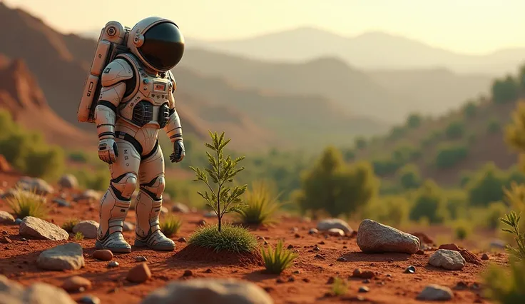 a lone astronaut planting a sapling on a terraformed martian surface, lush forest in the background, detailed futuristic spacesuit, highly detailed, photorealistic, cinematic lighting, dramatic color palette, epic sci-fi atmosphere, masterpiece, 8k