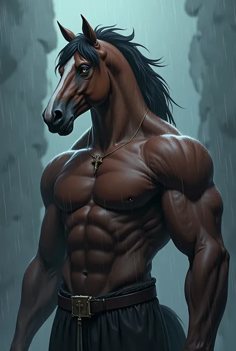 a tall and strong man but his head is that of a brown horse with dark tones and an aura of power and a burning balance of justice, realistic animation with rain

