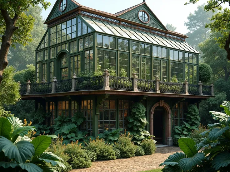  Two-story vintage greenhouse with glass walls in a botanical garden. Notice that inside there are plants .  everywhere outside the second floor , There is a medieval and vintage style balcony .