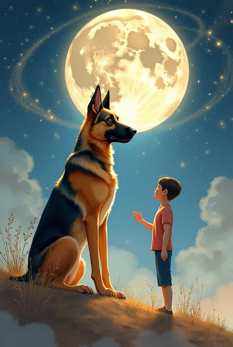 A German shepherd heading to the moon as he says goodbye to his owner,  Fantasy Style , watercolor