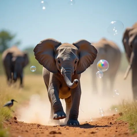 In a sunny clearing on the savannah, an adorable baby elephant plays with bubbles floating in the air, reflecting iridescent colors in the sunlight. The little elephant, with big, soft ears and a trunk that seems to have a life of its own, tries to catch t...