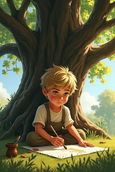 Now I need the boy Oliver you created for me to be sitting under an oak tree, drawing with his old brush.