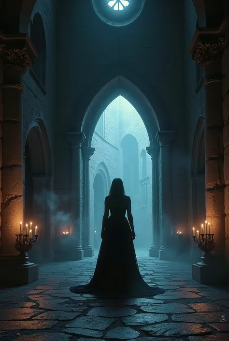 A dimly lit, gothic castle interior, adorned with ancient stone walls, flickering candlelight, and dark velvet drapes. The atmosphere is charged with tension and passion.