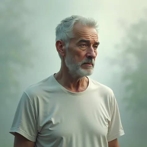 A middle-aged man in a white t-shirt dreaming